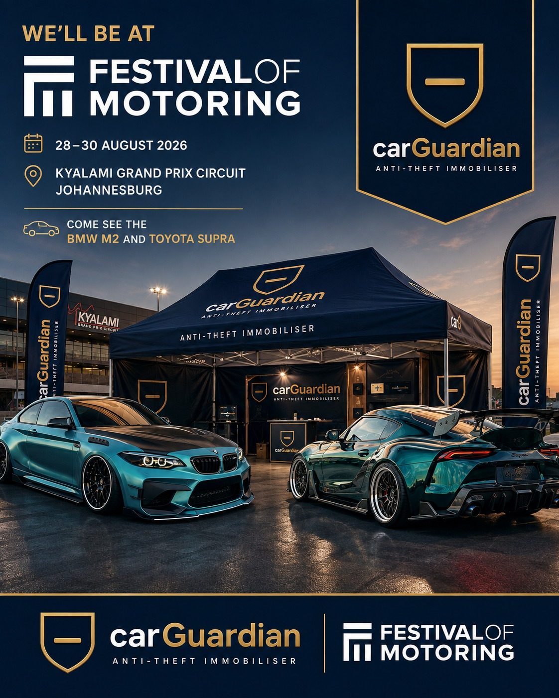 carGuardian at the Festival of Motoring 2026 — 28&ndash;30 August, Kyalami Grand Prix Circuit, Johannesburg. Come see the BMW M2 and Toyota Supra on the carGuardian stand.
