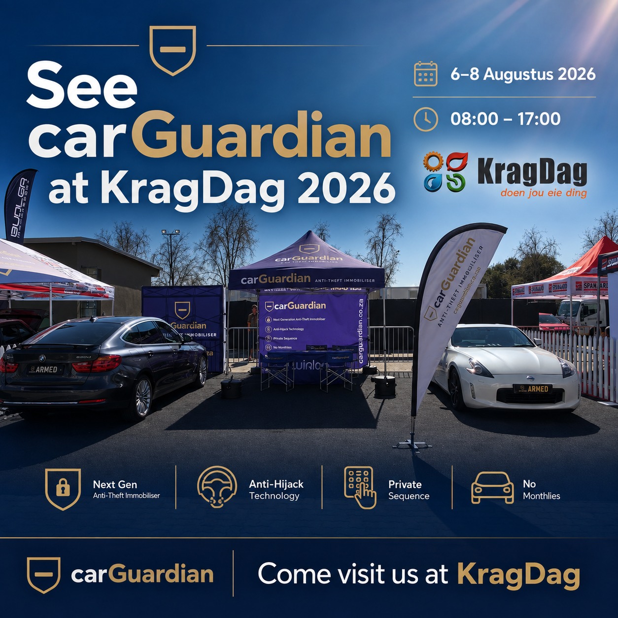 carGuardian at KragDag 2026 — 6&ndash;8 August, Diamantvallei Estate east of Pretoria. Next-gen anti-theft immobiliser, anti-hijack technology, private sequence, no monthlies.