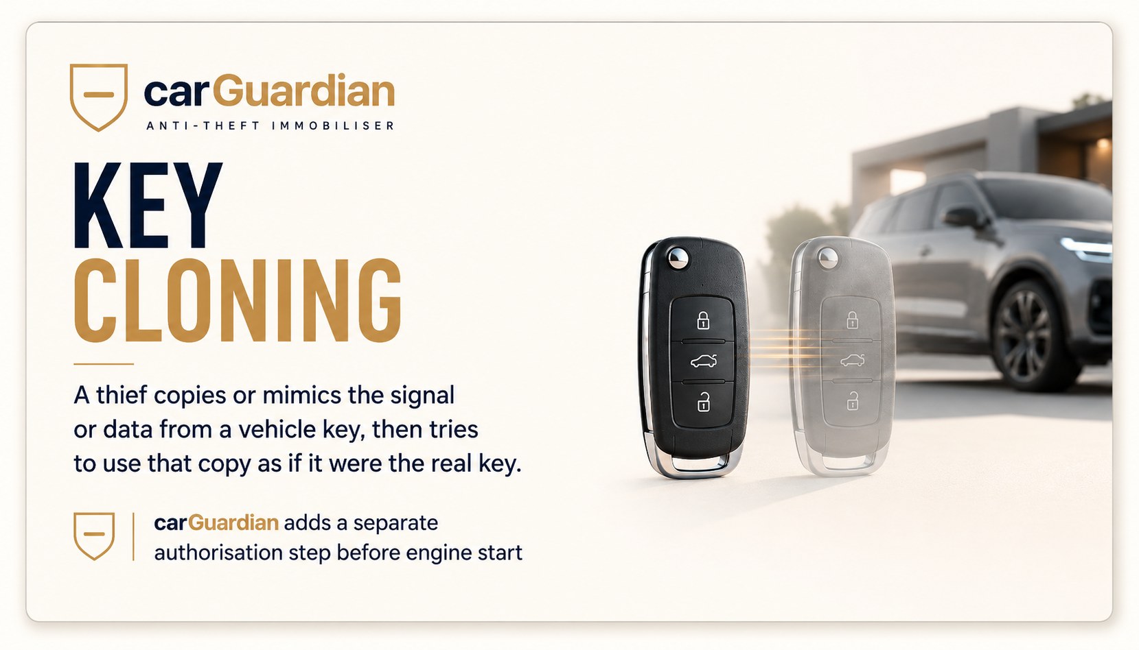 Key cloning — a thief copies or mimics the signal from a vehicle key, then uses the copy as if it were the real key